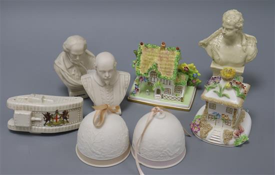 Three busts, two Lladro bells, two ceramic houses and a piece of crestware